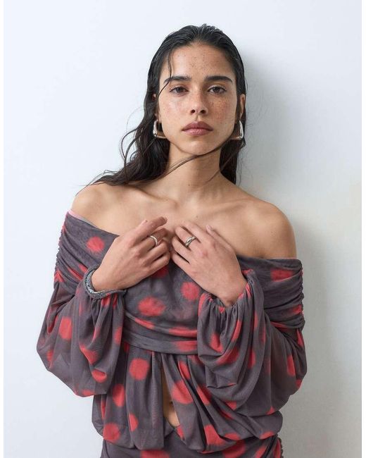 ASOS Red Printed Spot Bardot Mini Dress With Deep Plunge And extaggerated Blouson Sleeve
