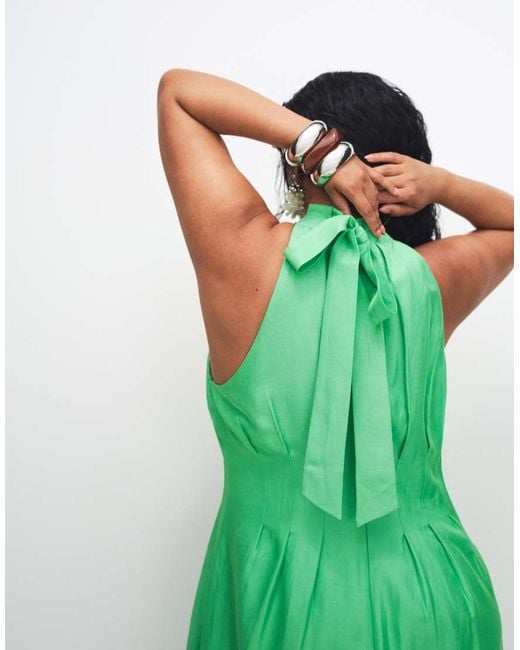 Forever New Green Linen Blend Pleat Detail Halter Neck Midi Dress