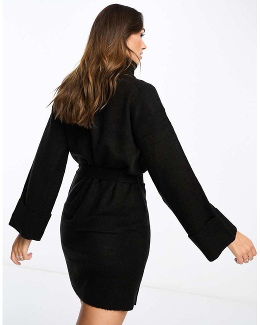 Vila Black Roll Neck Mini Jumper Dress With Tie Waist
