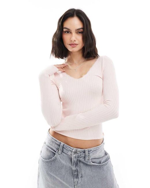 Stradivarius Top Van Jersey Met V-Hals En Lange Mouwen in het White
