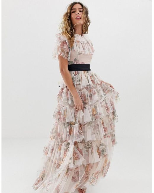 Needle & Thread Pink Tiered Floral Maxi Dress With Contrast Waistband