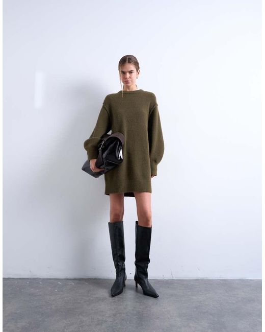 TOPSHOP Pluizige Gebreide Mini Jurk Met Ronde Hals in het White