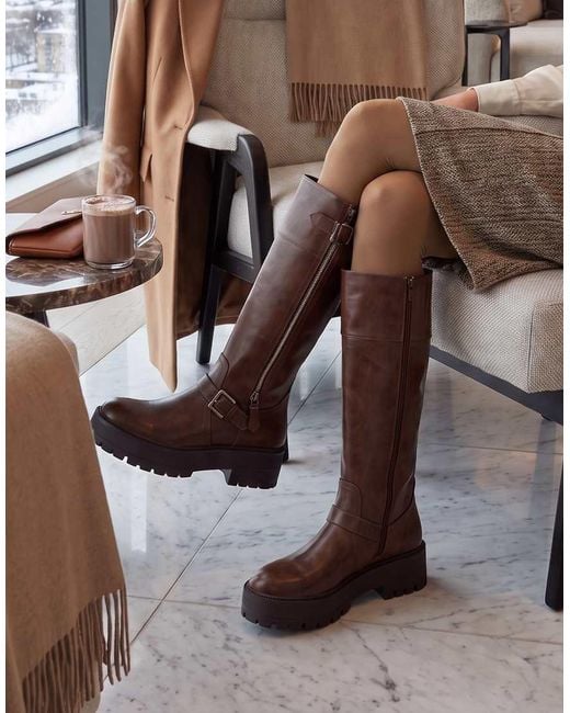 SEQWL Brown Knee High Boots With Zip & Buckle Fastening Casual Shoes