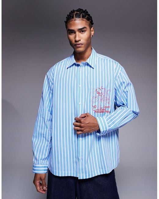 ASOS Ruimvallend Gestreept Overhemd Met Borduursel Op De Borst in het Blue voor heren