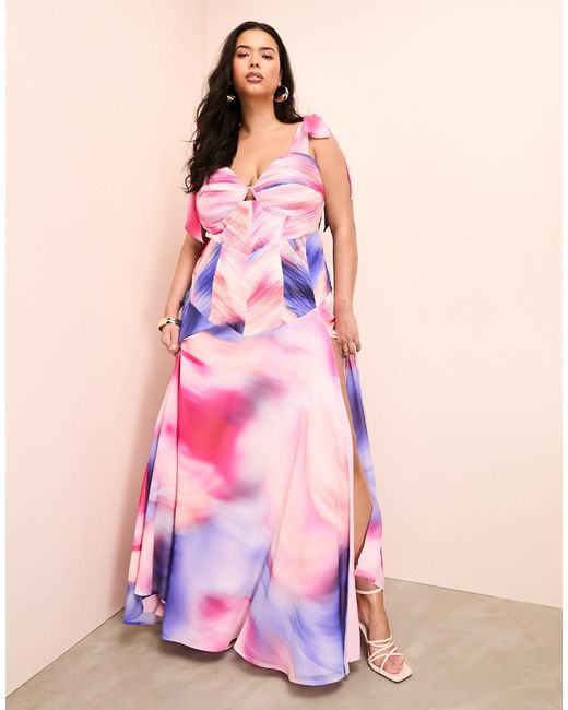 Curve - robe longue en mousseline à imprimé tie-dye avec épaules nouées ASOS en coloris Pink