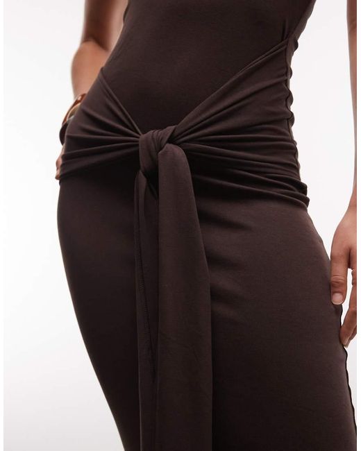 4th & Reckless Brown Soft Jersey Scoop Neck Halterneck Drape Tie Front Maxi Dress
