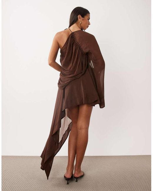 ASOS Brown One Shoulder Asymmetric Chiffon Mini Dress
