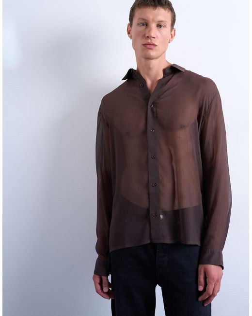 Topman Brown Relaxed Fit Crinkle Texture Sheer Shirt for men