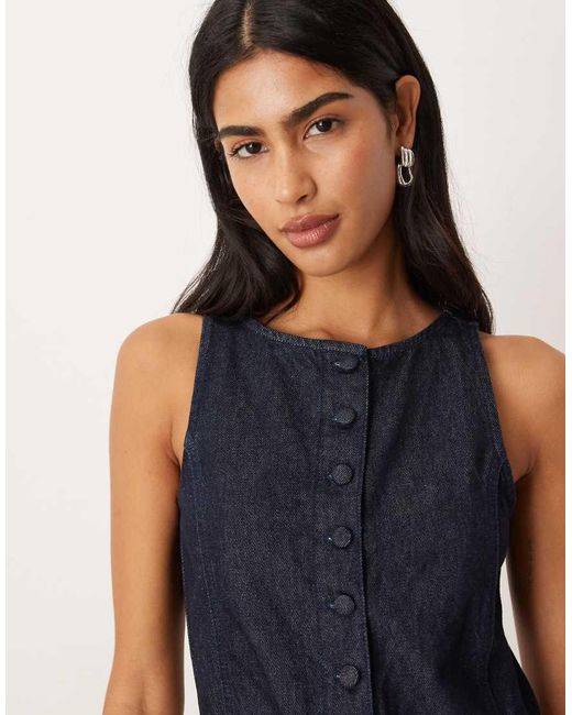 ASOS Blue Wide Leg Denim Jumpsuit With Button Front