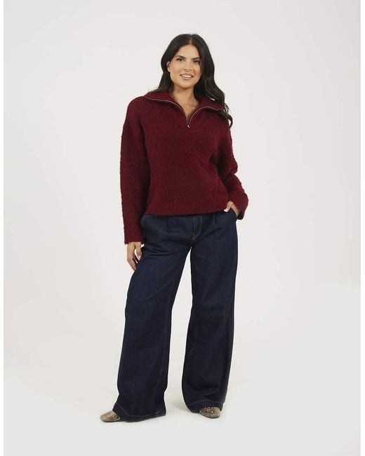 Brave Soul Red Boucle Yarn Jumper With Zip Neck
