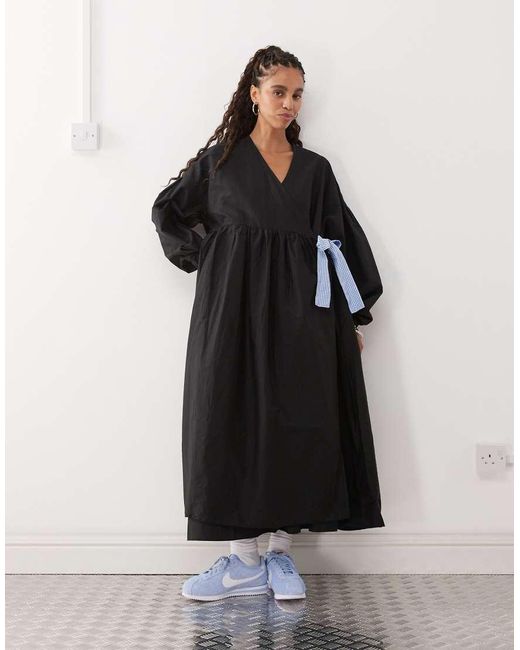 Collusion Black Oversized Wrap Maxi Smock Dress With Contrast Gingham Ties