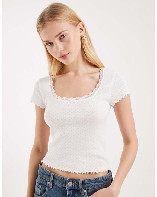 Miss Selfridge White Pointelle Square Neck Lace Trim Tee