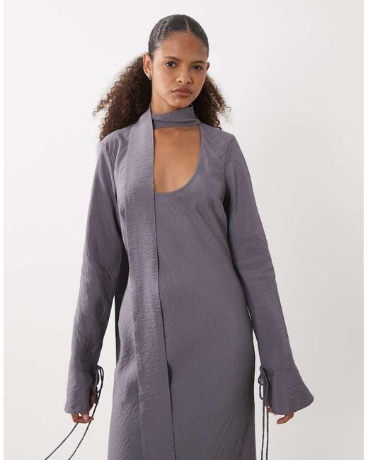 ASOS Gray Techy Scoop Neck Long Sleeve Maxi Dress With Scarf
