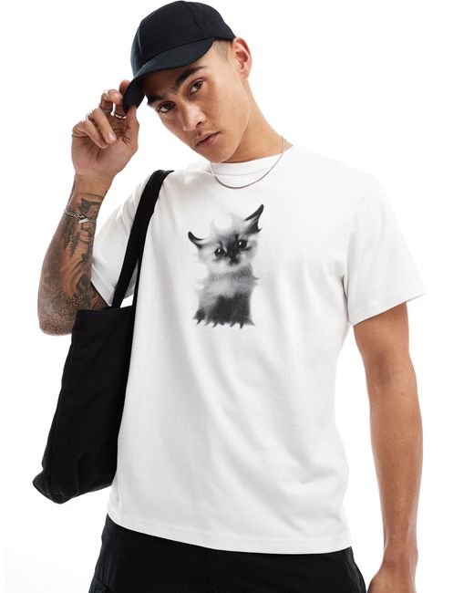 Toby - t-shirt coupe carrée à imprimé chaton Weekday pour homme en coloris White