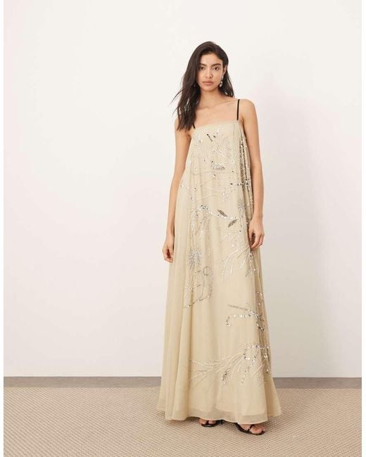ARRANGE Natural Scatter Embellished Trapeze Maxi Dress With Cami Straps