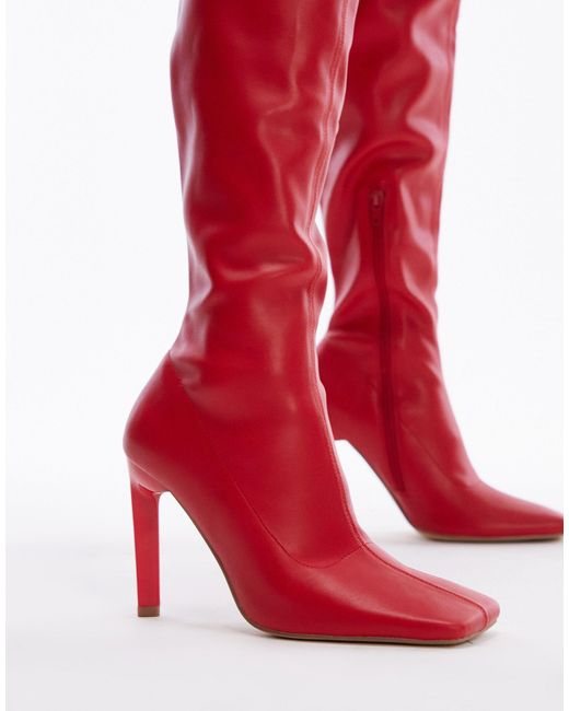 Wide fit - mollie - stivali a calza sopra il ginocchio con tacco a pianta larga rossi di TOPSHOP in Red