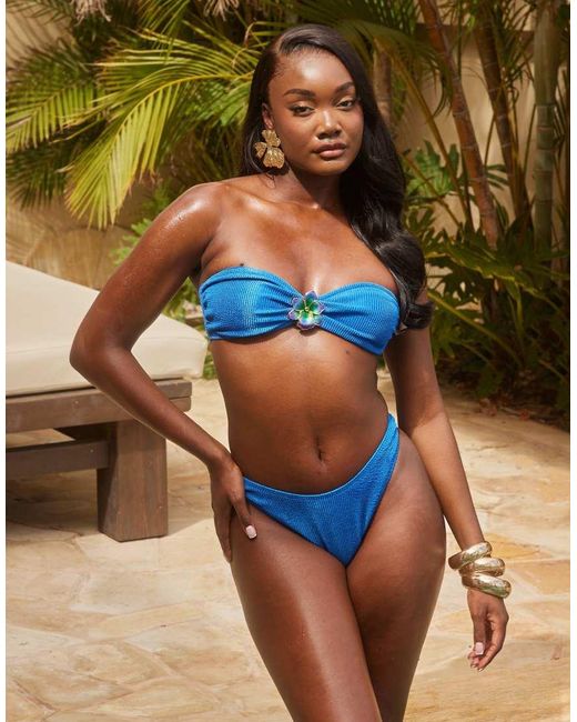 South Beach Bandeau-Bikinitopje Van Kreukelstof Met Bloem in het Blue