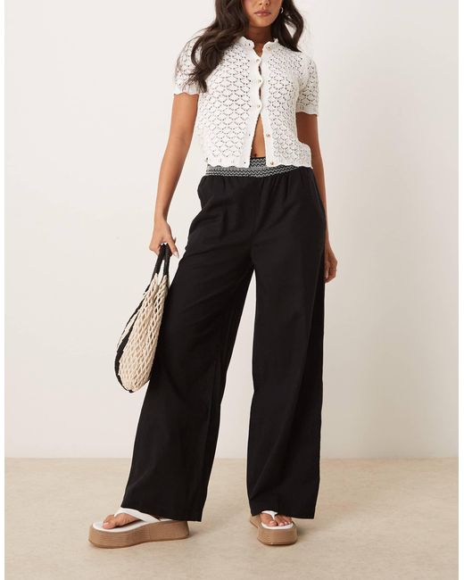 ASOS Black Linen Blend Pull On Wide Leg Trousers With Shirred Waist Detail
