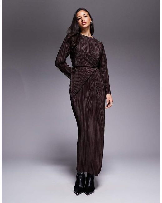 ASOS Gray Plisse Long Sleeve Wrap Tie Waist Maxi Dress