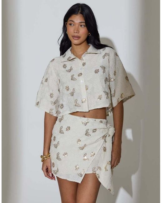 South Beach Gray Floral Sequin Embroidered Wrap Mini Skirt