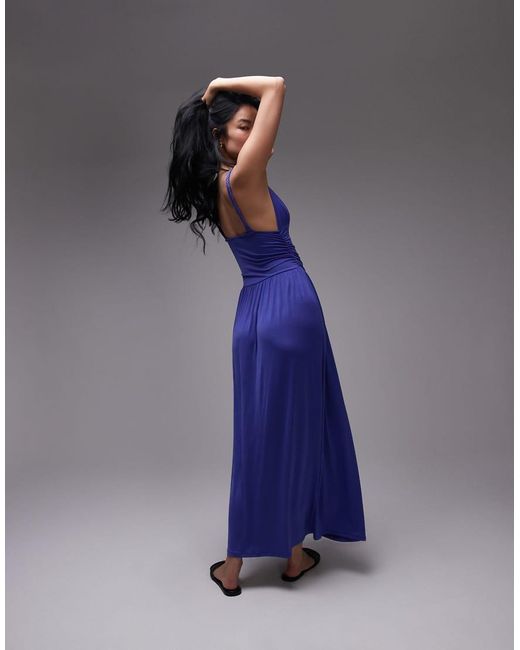 TOPSHOP Blue Ruched Waist Cami Maxi Dress