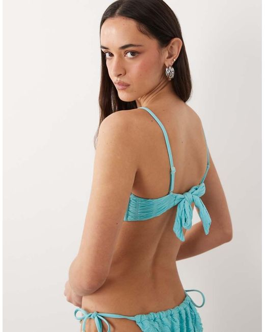 Miss Selfridge Blue Shirred Faux Pearl Detail Bikini Top