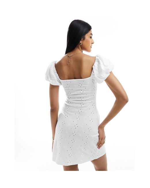 ASOS White Broderie Button Corset Mini Dress With Puff Cap Sleeve