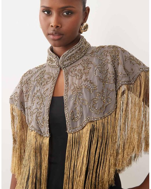 ASOS Brown Delicate Embellished Mesh Cape With Fabric Fringe