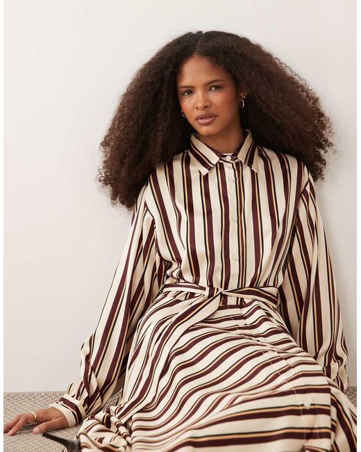 Iyal White Satin Tie Waist Maxi Shirt Dress