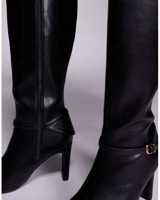 Public Desire Black Poppy Heeled Knee Boots With Buckle Detail