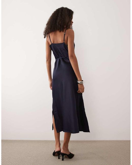 Y.A.S Blue Satin Midi Cami Dress With Tie Waist