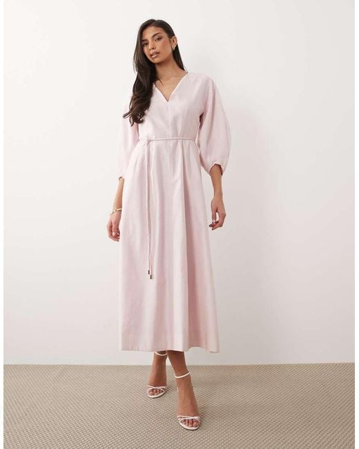 Forever New Pink Linen V Neck Tie Detail Midi Dress