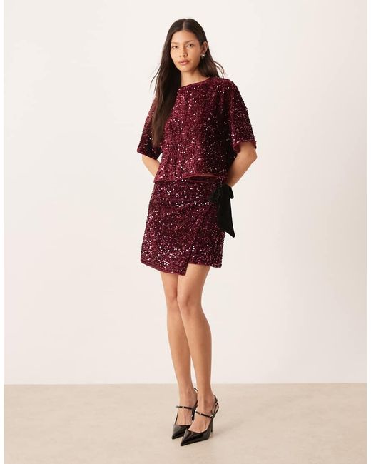 ASOS Red Velvet Sequin Wrap Mini Skirt Set