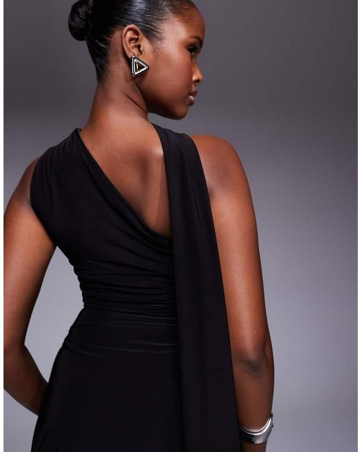 Kaiia Black Exclusive Double Layered Slinky One Shoulder Scarf Detail Skater Mini Dress