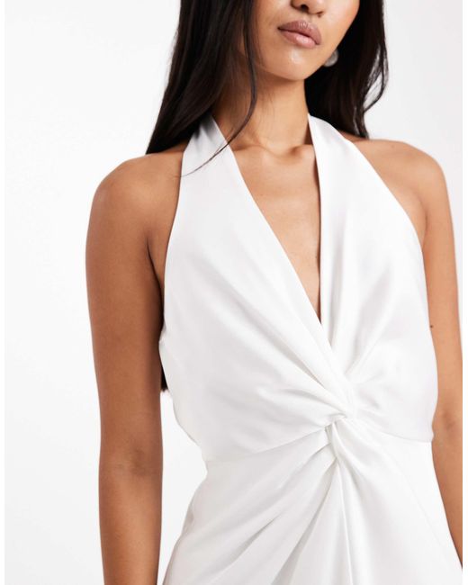 Six Stories White Bridal Scarf Halter Neck Twist Front Satin Maxi Dress