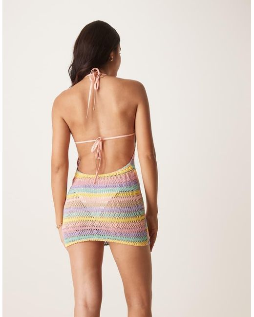 Aray Multicolor Crochet Halterneck Beach Mini Dress