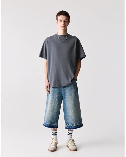 Pull&Bear Blue Basic Short Sleeve Cotton T-Shirt for men