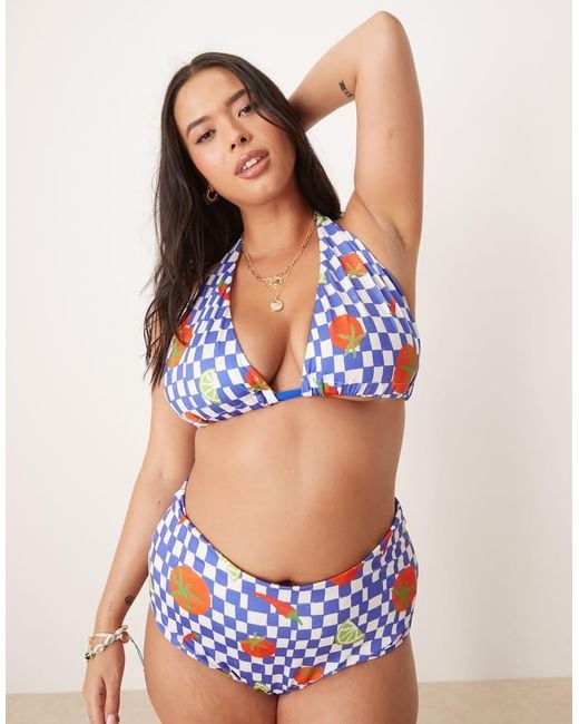 ASOS Blue Asos Design Curve Lucy Chilli High Apex Triangle Bikini Top