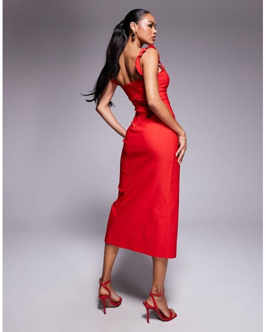 Vesper Red Bengaline Tie Detail Frill Shoulder Thigh Split Midaxi Dress
