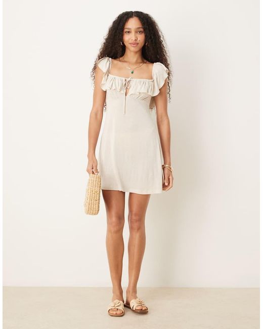 ASOS Natural Linen Look Square Neck Ruffle Detail Skater Mini Dress