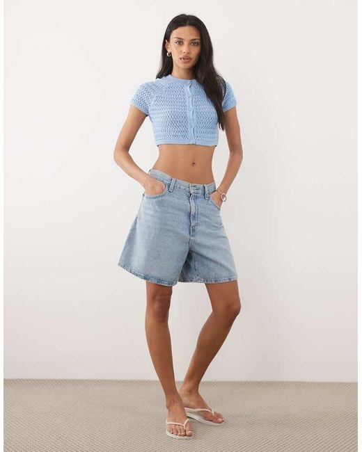 ASOS Blue Knitted Crochet Ultra Crop Cardigan