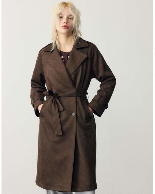 Stradivarius Brown Long Faux Suede Trench Coat