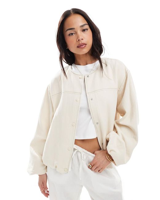 ASOS Natural – kragenlose bomberjacke aus strukturierter baumwolle