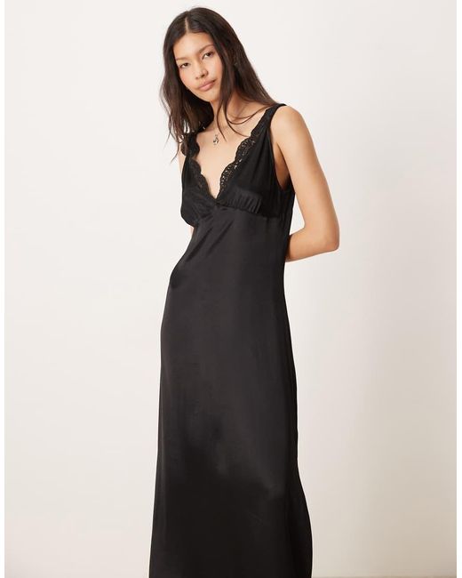 ASOS Natural V Neck Lace Detail Slip Satin Midi Dress
