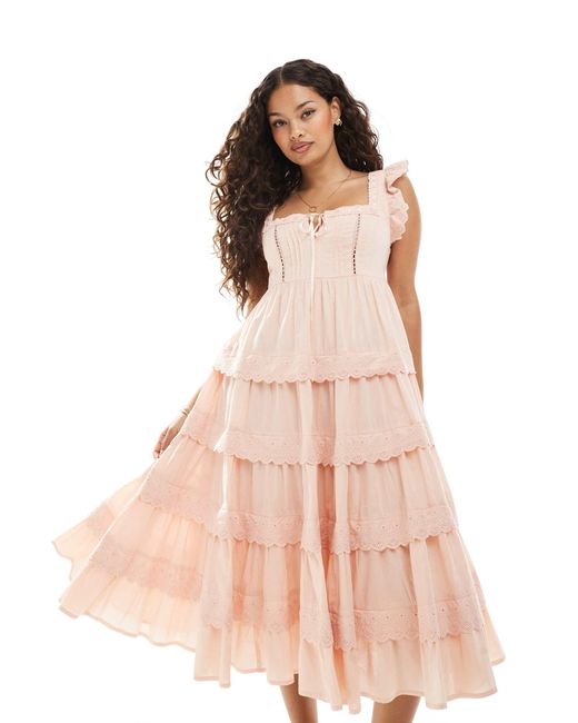 Miss Selfridge Pink Lace Eyelet Trim Babydoll Midi Dress