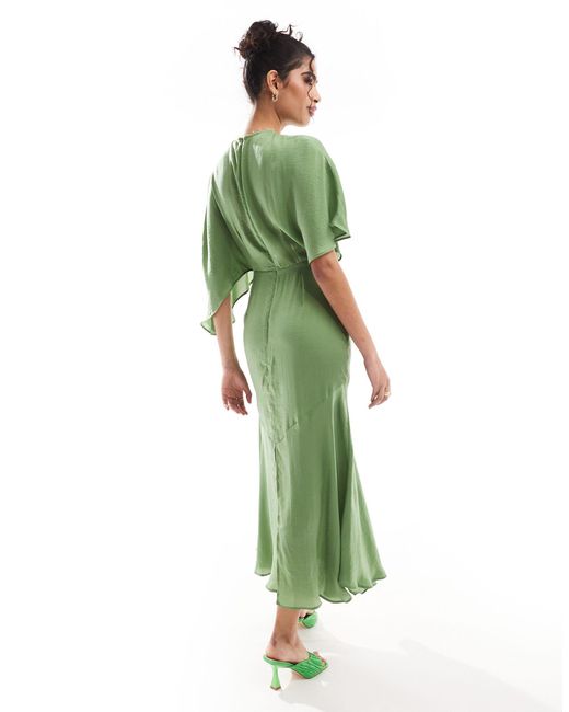 ASOS Green Satin Flutter Sleeve Asymmetric Hem Midi Dress