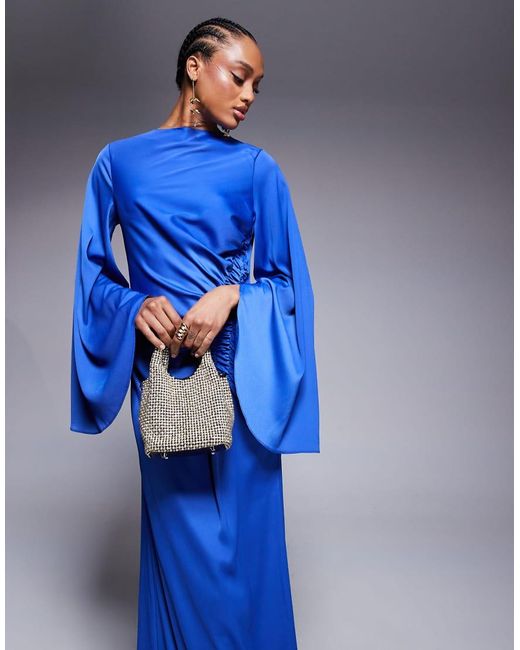 Vestido Largo De Corte Al Bies Con Mangas Desmesuradas Y Cintura Fruncida De Asos Design Tall ASOS de color Blue