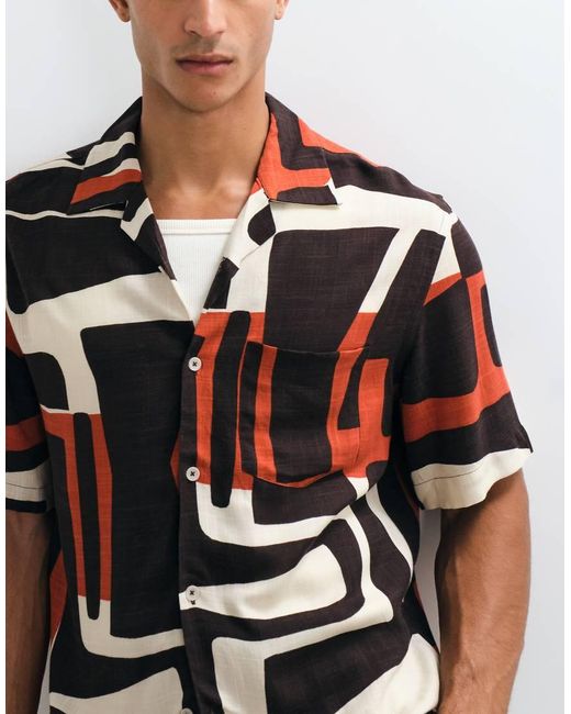 Mango White Abstract Retro Print Short Sleeve Shirt for men
