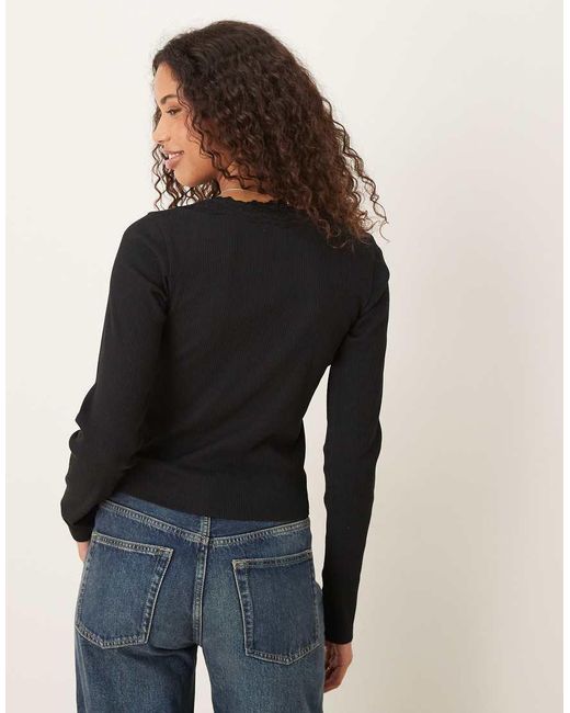 ASOS Blue Ribbed Round Neck Long Sleeve Top With Lace Trim In