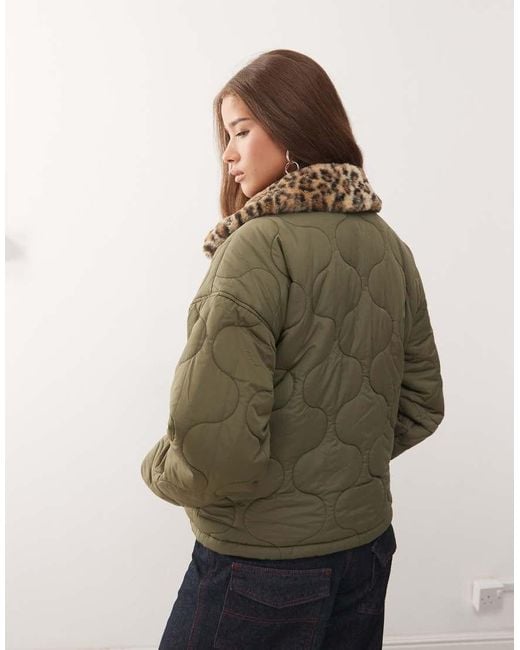 Noisy May Green Faux Fur Leopard Collar Detail Quilted Coat